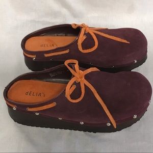dELiA’s leather clogs In size 8, maroon& orange